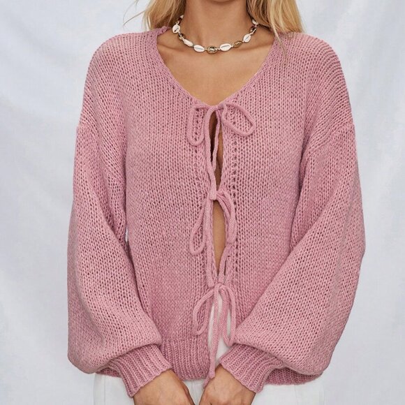 Pink Casual Women's Tie Front Belt Solid Blush Color Knitwear Sweater Cardigan - Picture 2 of 7